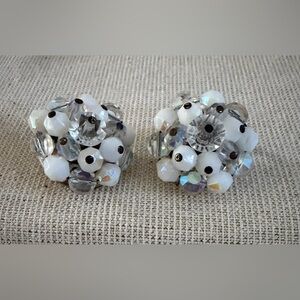 Vintage Laguna Aurora Borealis Beaded Cluster Clip-On Earrings - Women Jewelry
